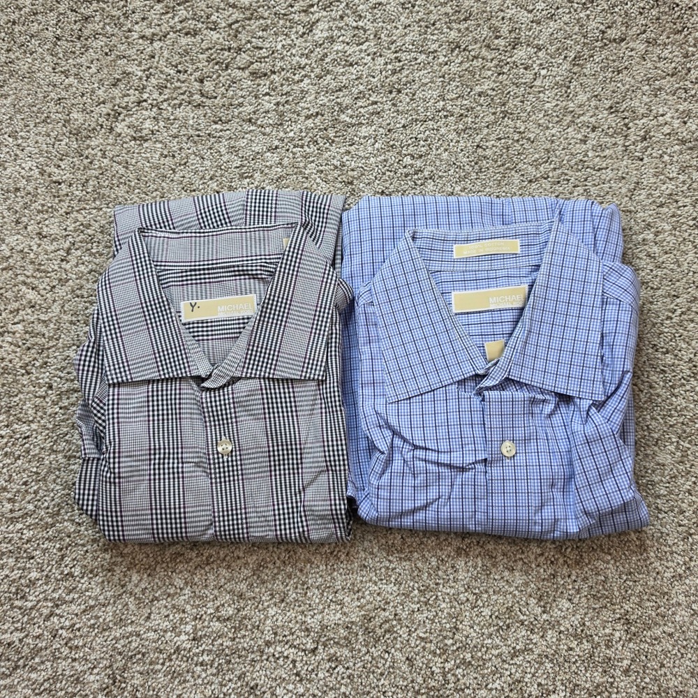 Michael Kors Dress Shirts Mens XL 17 34/35 Cotton Plaid Check Bundle 2pk Blue
